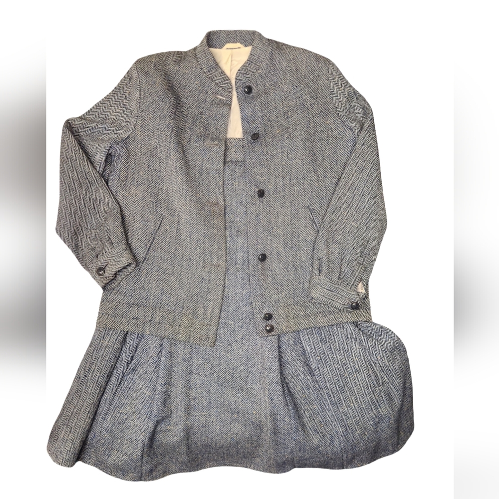 Dormeuil Vintage 60s Steel Blue Herringbone Wool Skirt Suit - 2pc Tweed Mod Set